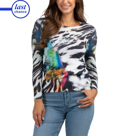 EDINBURGH KNITS Optic White Pima Cotton Wild Animal Printed Crew Neck Sweater - Picture 1 of 2